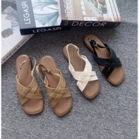 Sandal da mịn quai đan chéo đế bệt quai cài sau