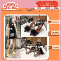 Sandal Mũi Nhọn Nữ XALI Giày Chiến Binh Lông Vũ,Guốc Dây Buộc Gót Nhọn 10cm Cao Cấp Dễ Thương Màu Trắng Đen Size 34-40