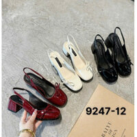 Sandal nữ cao gót vuông da bóng mũi tròn phối 2 nơ, Sandal giày cao gót nữ hở gót quai cài quai hậu đi tiệc sang trọng