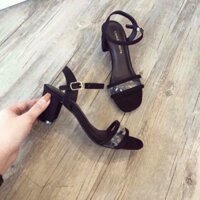 Sandal nữ công sở 5cm - 7cm quai ngang meka viền đen da lộn gót vuông (đen) ANA