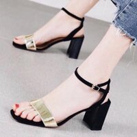 Sandal nữ công sở 7cm bản ngang xi đồng dây quấn (đen) ANA