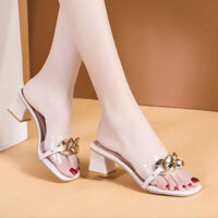 sandal nữ giày cao gót trong suốt 5 phân guốc trắng đế vuông