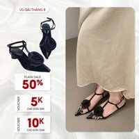SANDAL NỮ QUAI CHỮ T ĐÍNH BÔNG MŨI NHỌN - GÓT TRỤ 5 PHÂN - GIÀY THỜI TRANG NP SHOES