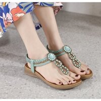 Sandal Siketu quai xỏ ngón, đính hạt, đế chống trượt 3cm (order size 36 đến 42, sẵn 36, 37 màu be và xanh)
