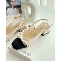 Sandal thời trang cao gót nữ, mũi tròn gắn nơ dây, gót vuông 5cm