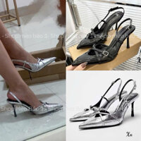 Sandal zara bạc quai chéo gót nhọn fullbox