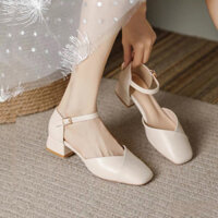 Sandanl nữ mũi vuông cao 3cm quai cài đế thấp ,Giầy cao gót nữ bít mũi đơn giản dễ phối đồ phong cách Hàn Quốc