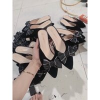 (sẵn)Dép nữ, sục nhung mũi nhọn gắn nơ xinh gót 2cm