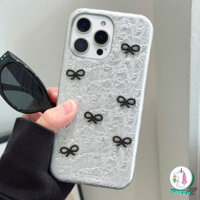 Sang Trọng Bạc Lụa Da 3D Đen Nơ Ốp lưng iPhone 16 15 14 13 Pro Max Chống Trầy Xước Cứng Bảo Vệ Mặt Sau