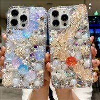 Sang Trọng Bling Kim Cương Giả Hoa Hồng Hoa Ốp lưng Capa Cho iPhone 15 14 13 12 11 Promax X XR XSMax 14 15 6 7 8 Plus TPU Full Kim Cương Chống Sốc Ốp Lưng