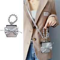 Sang Trọng Đeo Ngang Dây Vòng Cổ Dây Đeo Bạc Nơ Họa Tiết Lichee Vỏ Điện Thoại Có Hạt Nhẫn Cho Samsung Galaxy Z Flip 5 6 Z Flip6 ZFlip 5 Zflip6 Zflip5 Ốp Lưng Chống Sốc