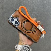 Sang Trọng Mạ Da PU Kim Loại Từ Giá Đỡ Dây Ốp lưng Cho iPhone 16 Pro Max 15 14 13 12 11 Pro Max Plus Sạc Không Dây Ốp Lưng Chống Sốc