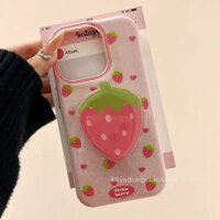 Sang Trọng Màu Hồng Lấp Lánh Nhỏ Dâu Tây Có Chân Đế Cứng Ốp lưng IPhone 16 Pro Max 15 14 13 Vỏ Chống Sốc Bảo Vệ Ống Kính Máy Ảnh Ốp Lưng IPhone