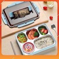[SANG TRỌNG]Khay Đựng Cơm Văn Phòng Inox 304-5 Ngăn Có Nắp Đậy - TẶNG Kèm Bộ Đũa Thìa Và Bát Sứ | (LH3)