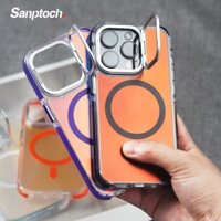 Sanptoch Cho Ống Kính Từ Tính Đứng Ốp lưng iPhone 16 15 14 13 12 Pro Max Laser Chống Vân Tay Mặt Sau Vỏ Bảo Vệ Thả Quân Sự Với Giá Đỡ Máy Ảnh Kim Loại