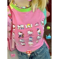 SANRIO Áo Thun Cotton Tay Ngắn Cổ Tròn In Họa Tiết Hello Kitty Màu Tương Phản Thời Trang Mùa Hè Cho Nữ Y2k