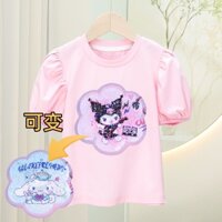 SANRIO Áo Thun Cotton Tay Phồng Đính Kim Sa Hình Kuromi Cinnamoroll Dễ Thương Thời Trang Mùa Hè Cho Bé Gái 100-150cm