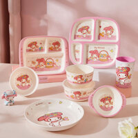 Sanrio Trẻ Em Bát Ăn Ngăn Đĩa Thực Phẩm Cho Bé Bổ Sung Mì Súp Dễ Thương Chống Sốc Học Sinh Bộ Đồ Ăn