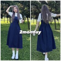 [SẴN/VIDEO] VÁY YẾM JEAN DENIM VIỀN CHỈ CHUN LƯNG DÁNG XÒE DÀI SIÊU XINH HÀN QUỐC