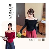 SARA.DR Áo Len Trễ Vai Màu Đỏ Noel Ôm Body Phong Cách Hàn Quốc Tiểu Thư