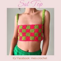 Sat Top meo.crochet Áo len đan móc croptop xanh hồng ô vuông caro checkered top mặc 2 chiều