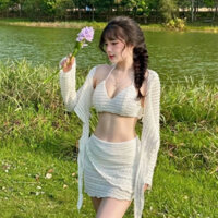 [SB138] Sét bộ nữ 3 món áo lót bikini bra dây hở lưng phối áo khoác lững tay dài chất xốp lưới kèm chân váy ngắn có quần
