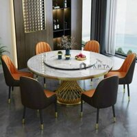 SD Luxury B-135E / Sala-P | Bộ bàn ăn mặt đá phiến xoay chân inox vàng 6 ghế | Nội Thất Capta