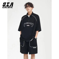 SEACHENIC Bộ đồ bánh quế thường ngày đường phố cao cấp mùa hè nam nữ Áo thun cổ polo phong cách cặp đôi + quần short