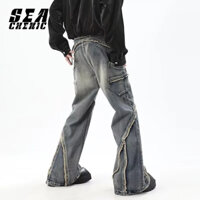 SEACHENIC Quần Jeans Nam Xu Hướng Đơn Giản Niche Retro Nối Quần Ống Rộng