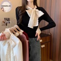 Seewin Mùa Thu Pháp Phối Ren Cổ Nơ Dài Tay Áo Len Dệt Kim Mỏng Cho Nữ vn