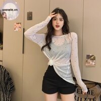 Seewin Thời Trang Nữ Chấm Bi In Hình Dài Tay Sang Trọng Khe Thường Ngày Rời Hơi Trong Suốt Áo Thun vn