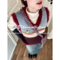 [Sei Home] Vintage Stripe Contrast Color V-neck Knitted Vest Women's Autumn and Winter New Special-Interest Design Sleeveless Sweater Bandage Dress Vest Fashion