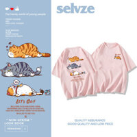 SELVZE Áo thun ngắn tay 100% Cotton Oversize dáng rộng Áo thun in hình mèo thông thường