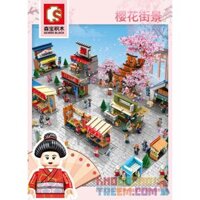 SEMBO 601076 MỨC ĐỘ TRUNG BÌNH CHERRY VIEW bộ đồ chơi xếp lắp ráp ghép mô hình Cherry Blossom Season Mùa Hoa Anh Đào 1167 khối
