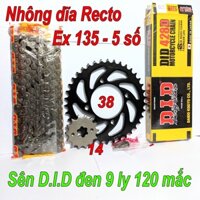 Sên DID đen 9 ly 120 mắt, nhông dĩa Recto 14 - 38 cho Exciter 135 5 số (2011 - 2014)