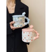 Send[Floral Couple Coffee Mug Water Cup2627Sense of Design]Ceramic Mug with Lid and Spoon Creative Water Cup for Friends Collection D5SZ