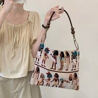 SENSES// Retro Fun Shoulder Bag Jacquard Commuting Fashion Tote Bag 2024 New Wide Casual Shoulder Bag Large Capacity Underarm Bag AwcG