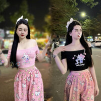 Seo xuông hello kitty áo croptop trễ vai loại 1