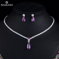 Sequito Chất Lượng Cao Màu Vàng Trắng Trang Sức Cưới Bộ Thạch Anh Tím CZ Zircon Thả Bông Tai Bộ Vòng Cổ Cho Nữ JS118