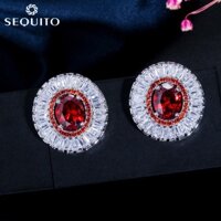 Sequito Chất Lượng Hàng Đầu Ruby Zirconia Pha Lê Bông Tai Màu Bạc Tròn Bông Tai Dành Cho Nữ Đảng Trắng Mạ Vàng Trang Sức E069