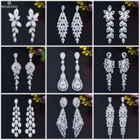 Sequito Cô Dâu Cưới Cubic Zirconia Kim Cương Pha Lê Dài Thả Tòn Ten Bông Tai Nữ Màu Bạc Trang Sức E613