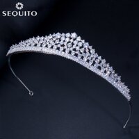 Sequito Công Chúa Cao Quý Sáng Bóng Cubic Zirconia Sang Trọng Cưới Prom Phụ Kiện Tóc Cô Dâu Tiaras Vương Miện Băng Đô Trang Sức C001