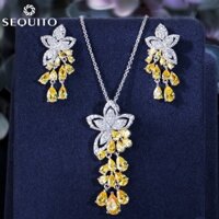 Sequito Hàng Mới Về Hợp Thời Trang Tua Rua Thả Vòng Cổ Bông Tai Bộ Pha Lê Vàng Topaz Nữ Đảng Trắng Mạ Vàng Bộ Trang Sức J032