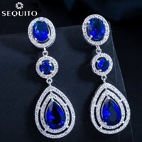 Sequito Nữ Thanh Lịch Sang Trọng Hoàng Gia Xanh Zirconia Pha Lê Tròn Giọt Nước Lớn Dài Bông Tai Sapphire Trang Phục Cưới Trang Sức E285