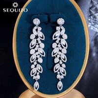 Sequito Phụ Nữ Sang Trọng Mạ Bạc Hoa Đinh Có Lá Siêu Dài Thả Tòn Ten Bông Tai Lát Trắng AAA Đá Cubic Zirconia Cô Dâu Trang Sức Cưới E765