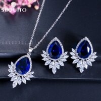 Sequito Tinh Tế Nữ Màu Vàng Trắng Bộ Trang Sức Dazzling Royal Blue CZ Pha Lê Mặt Dây Chuyền Vòng Cổ Và Thả Bông Tai Bộ J021