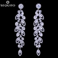 Sequito Tuyệt Đẹp Cô Dâu Chất Lượng Hàng Đầu Mạ Bạc Trang Sức AAA CZ Kim Cương Pha Lê Dài Tòn Ten Thả Bông Tai Phụ Kiện Cưới E298