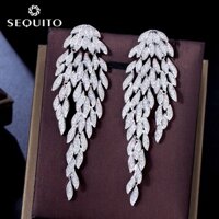 Sequito Tuyệt Đẹp Lông Vũ Dài Tòn Ten Thả Bông Tai Pave AAA Cubic Zirconia Pha Lê Trắng Mạ Vàng Cao Quý Tiệc Cưới Trang Sức Cho Cô Dâu E744
