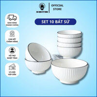 Set 10 Bát ăn cơm sứ trắng viền đen phong cách Bắc Âu - Chén ăn cơm sứ dày dặn, cao cấp, sang trọng mang đi biếu quà 🎁