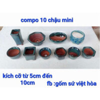 Set 10 chậu bonsai trông cây mini gốm bát tràng kích thước từ 5--10cm